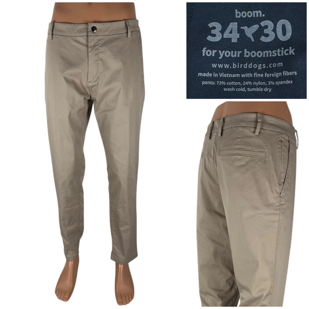 Birddogs Men 34 x 30 Pants Khaki Tan Chino Unlined Flat Front Stretch Active EUC